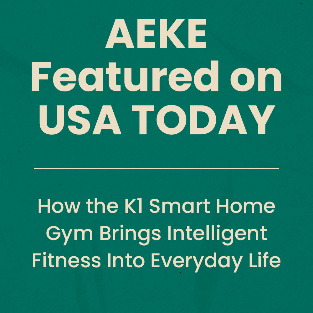 A promotional graphic announcing AEKE featured on USA TODAY with a headline about the K1 smart home gym.