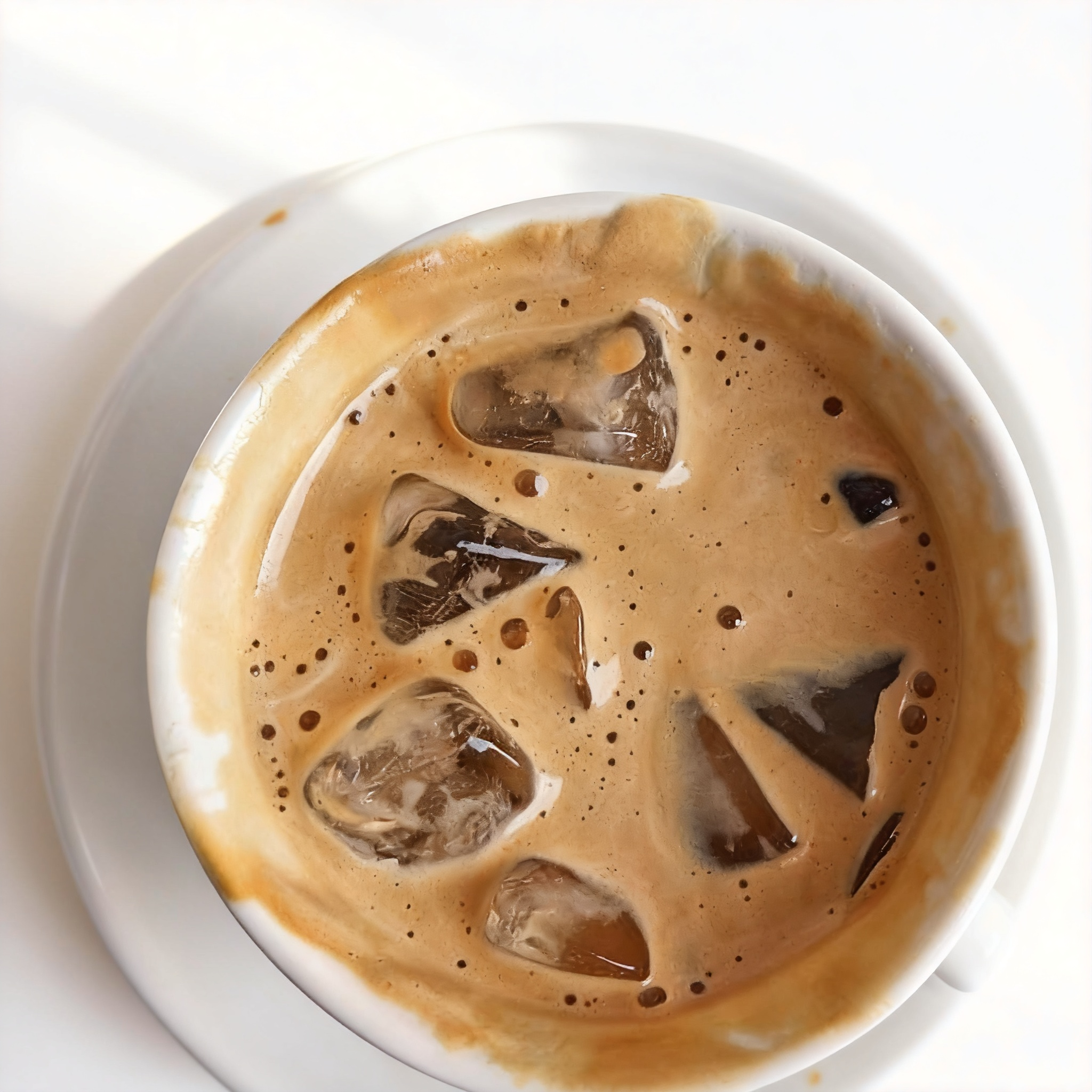 A cup of iced coffee with melting ice cubes on a saucer.