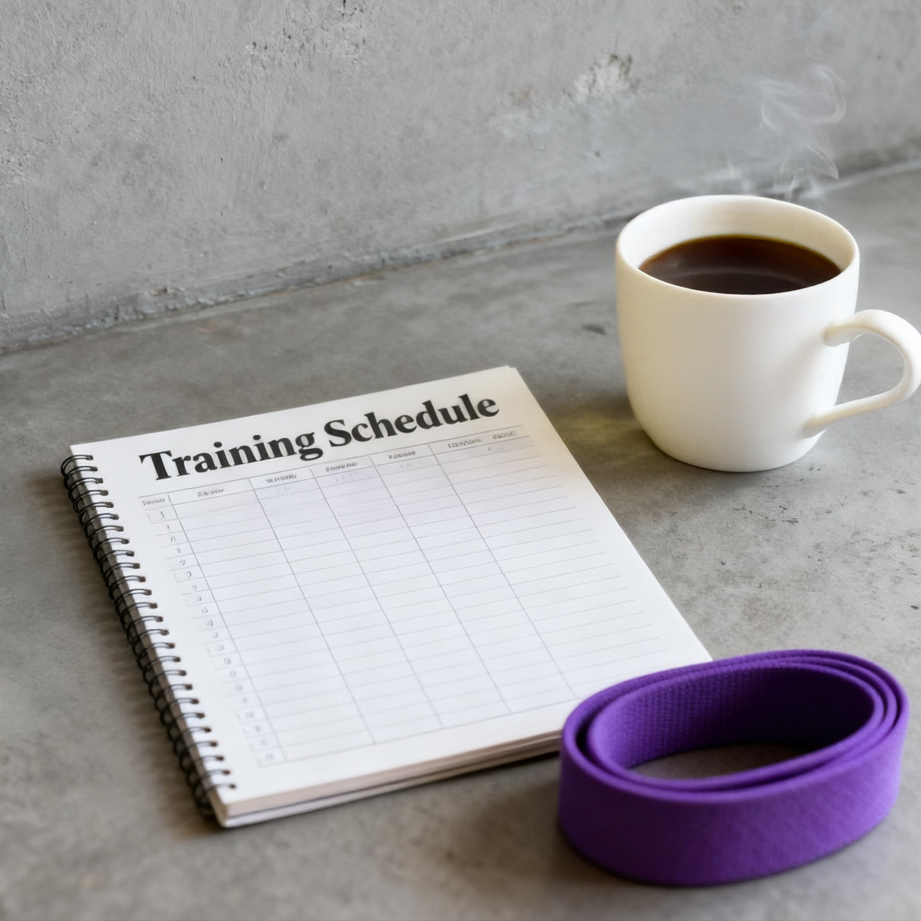A training schedule notebook beside a steaming coffee and a resistance band.