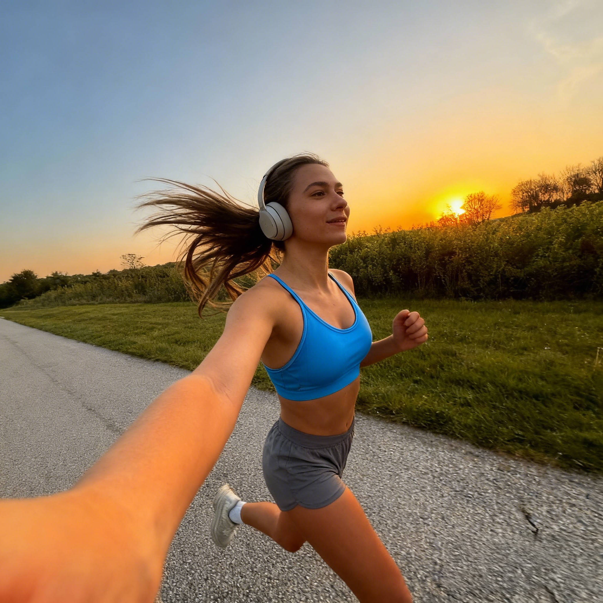 A woman in athletic gear wearing headphones while running along a path at sunset.