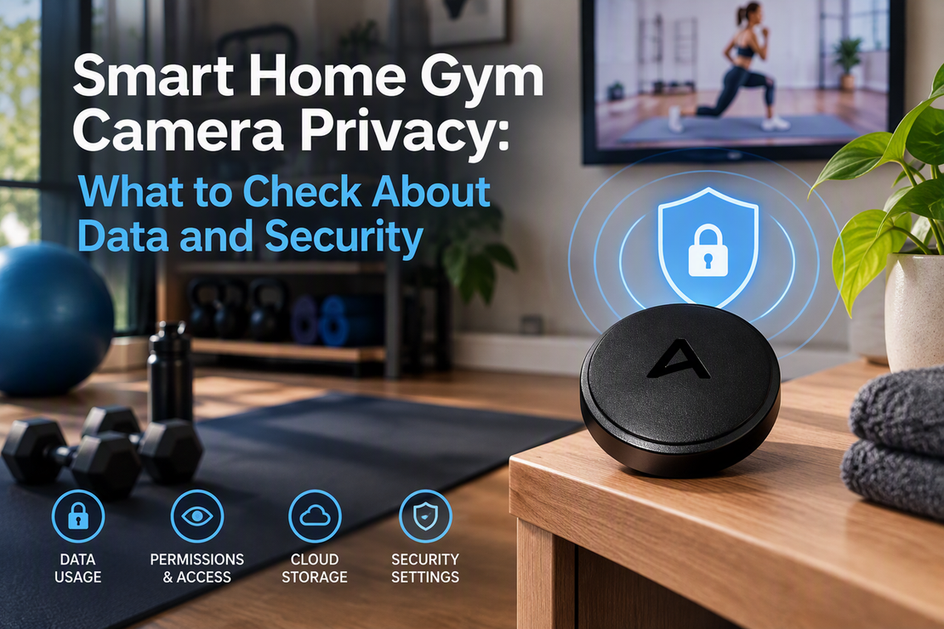 Camera privacy cover presented with a smart home gym camera in a home workout setting.